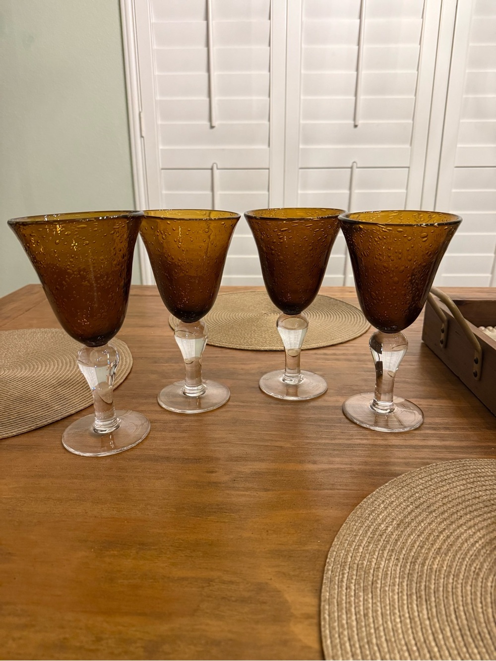 Amber  Goblet Bubble Seeded Hand Blown Glass- (Set of 4) 8”